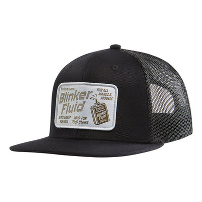 TCI Blinker Fluid Trucker front view, Black with white and tan patch graphic advertising blinker fluid for all makes and