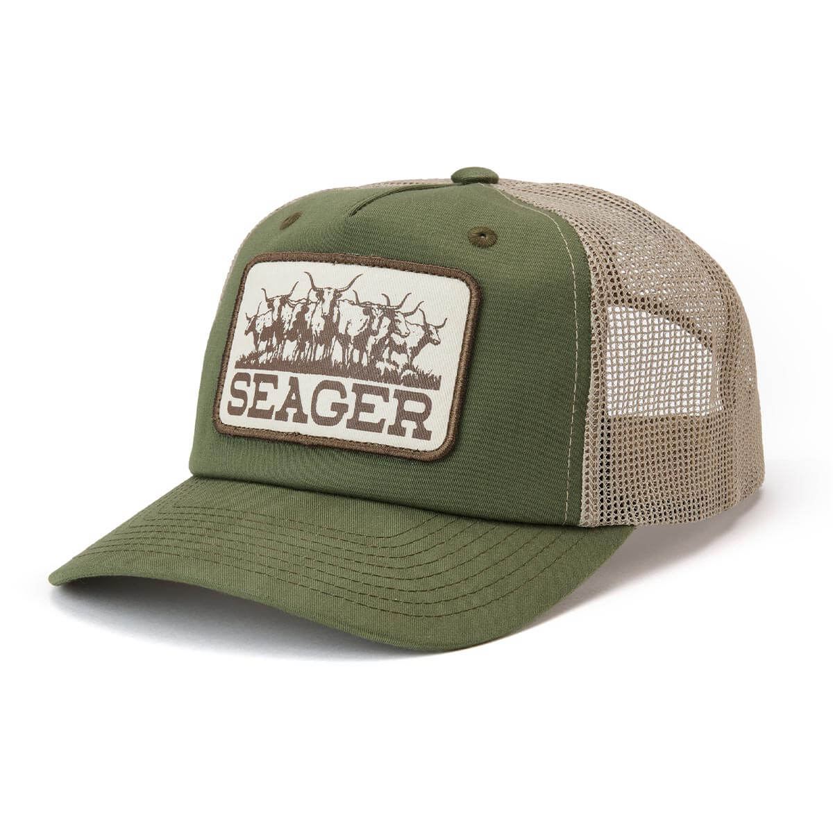 Back of The Herd Trucker Army Green Hat, Tan mesh panels form the back and sides of the crown, providing ventilation and
