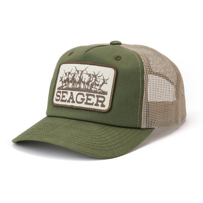 Back of The Herd Trucker Army Green Hat, Tan mesh panels form the back and sides of the crown, providing ventilation and