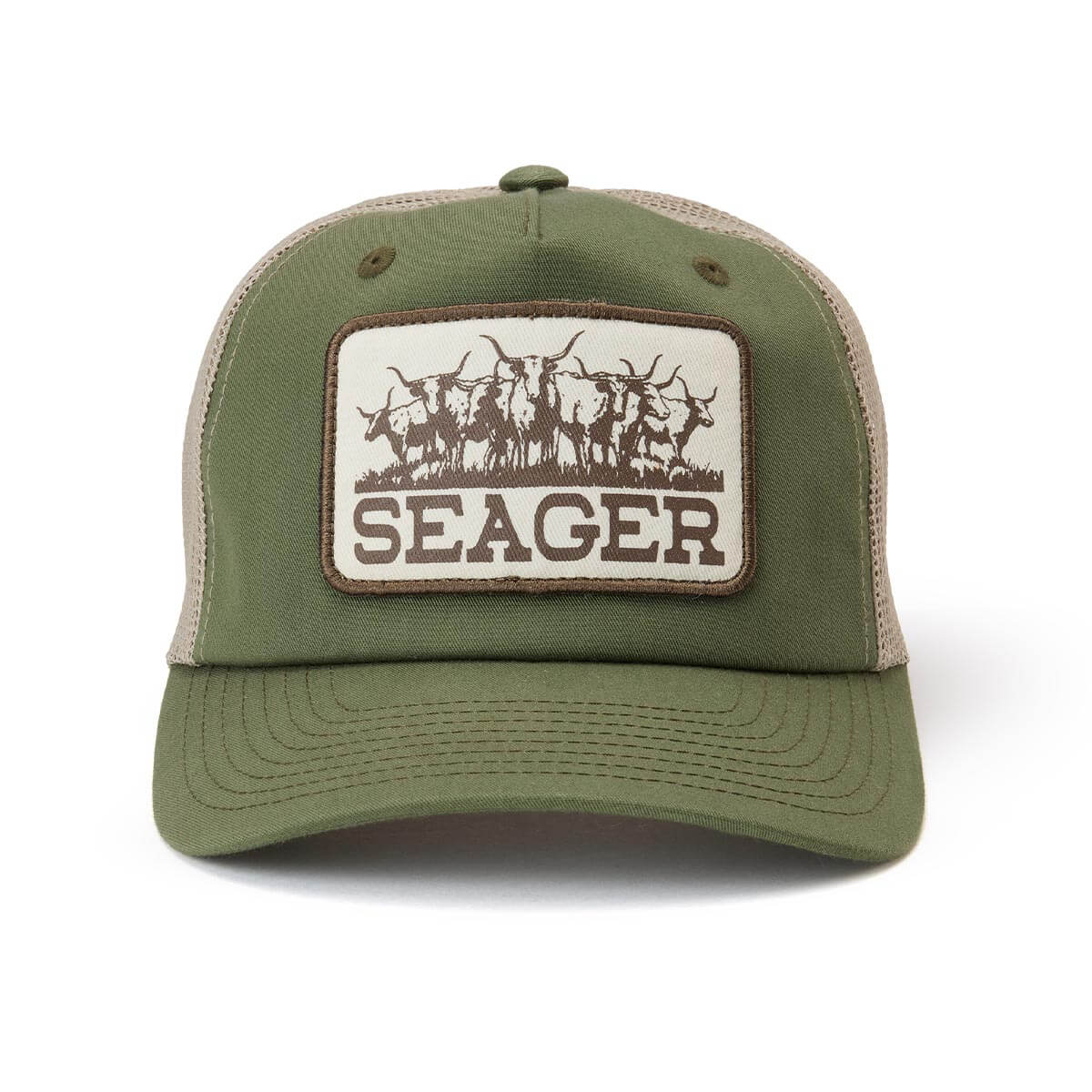 The Herd Trucker front view, Army green with tan mesh back and cream patch featuring brown antelope herd graphic and