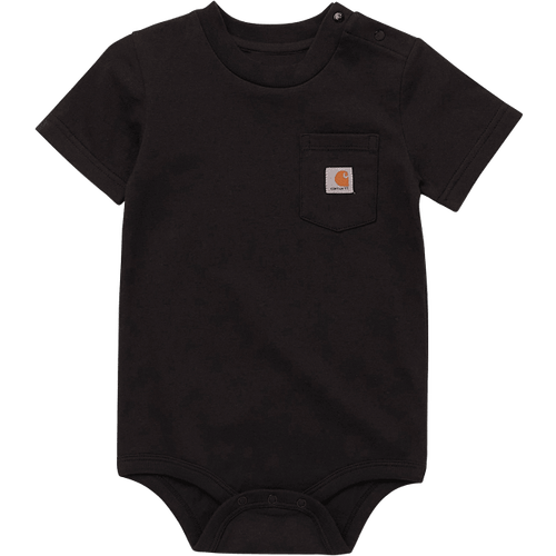 Tk5004 Short Sleeve Pocket Bodysuit Onesie front view, Black with tan woven label patch on chest pocket, Black Onesie -