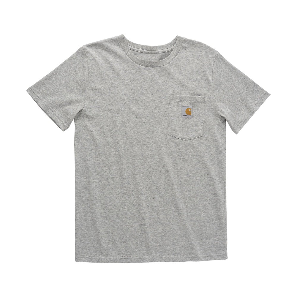 Tk6513 Short Sleeve Pocket Tee Kids front view, Heather gray with small gold and blue logo patch on chest pocket, Brown Kids