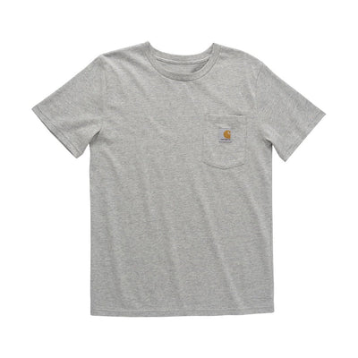 Tk6513 Short Sleeve Pocket Tee Kids front view, Heather gray with small gold and blue logo patch on chest pocket, Brown Kids