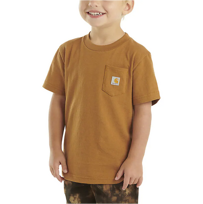 Person wearing Tk6513 Short Sleeve Pocket Tee Kids Brown Kids Tee, Child wearing brown tee against plain white background -