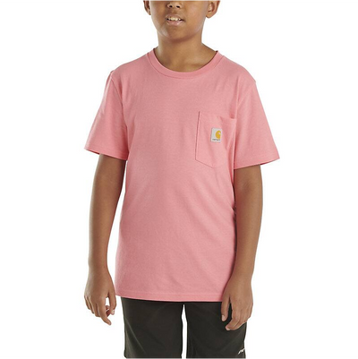 Person wearing Tk6513 Short Sleeve Pocket Tee Kids Brown Kids Tee, Boy wearing pink tee with chest pocket against plain
