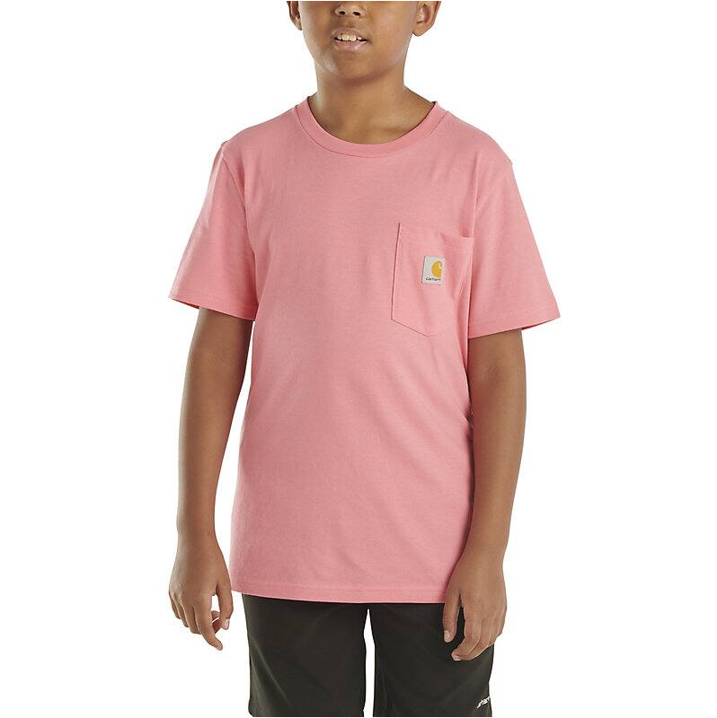 Person wearing Tk6513 Short Sleeve Pocket Tee Kids Brown Kids Tee, Boy wearing pink tee with chest pocket against plain