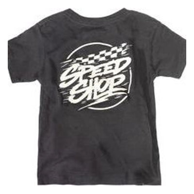 Toddler Burner Tee Kids front view, Black with white speed graphic and circular border, dynamic slashed lettering design,