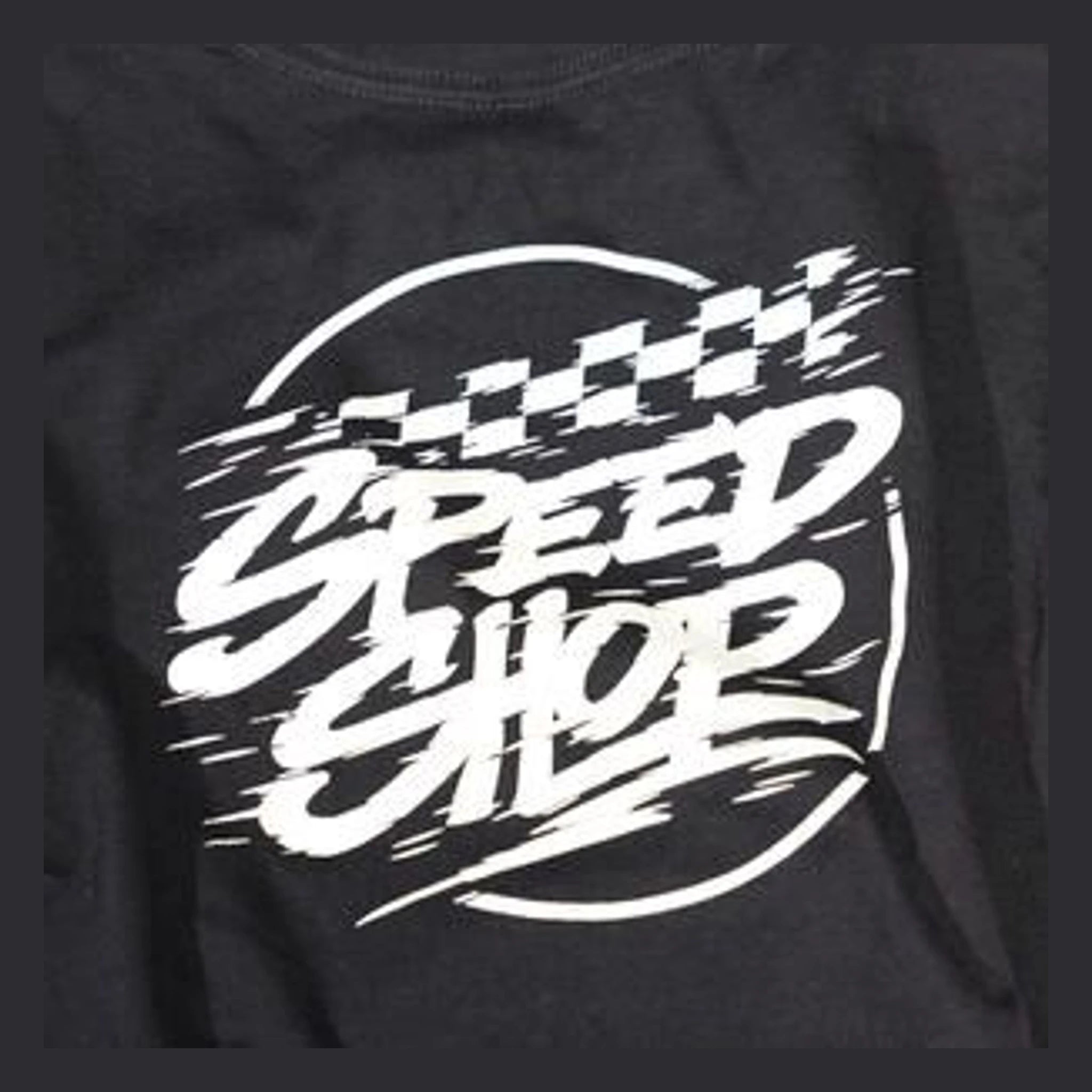 Close-up of Toddler Burner Tee Kids Black Kids Tee showing White italic text with checkered flag graphic and speed lines on