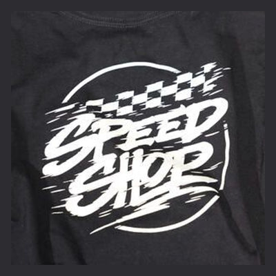 Close-up of Toddler Burner Tee Kids Black Kids Tee showing White italic text with checkered flag graphic and speed lines on