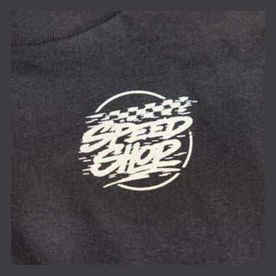 Close-up of Toddler Burner Tee Kids Black Kids Tee showing White screenprinted graphic with motion lines and circular border