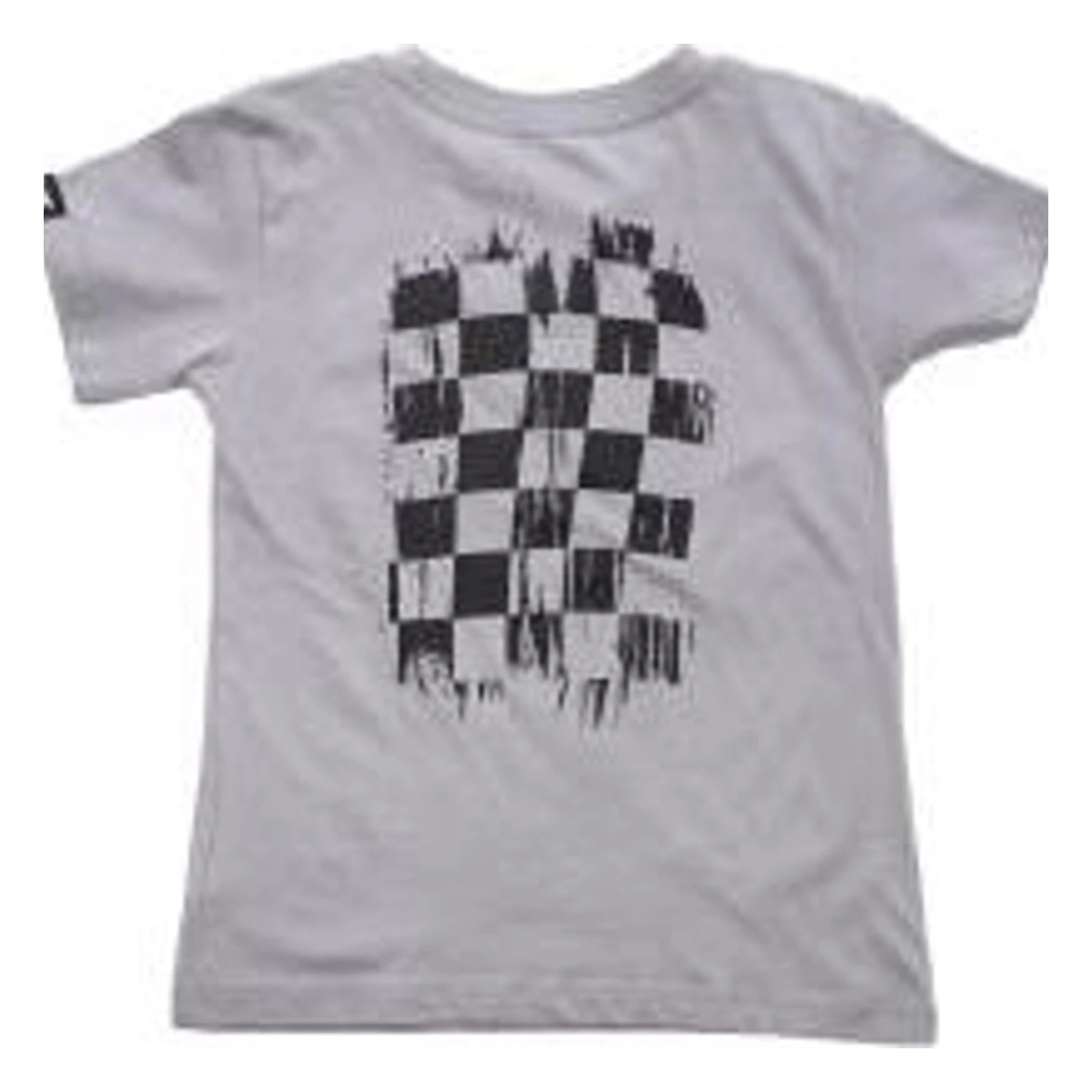 Toddler Fray Tee Kids front view, Light gray with black and white checkered flag graphic, distressed edges throughout, Light