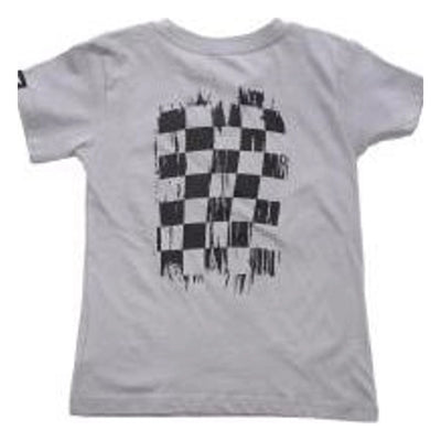 Toddler Fray Tee Kids front view, Light gray with black and white checkered flag graphic, distressed edges throughout, Light