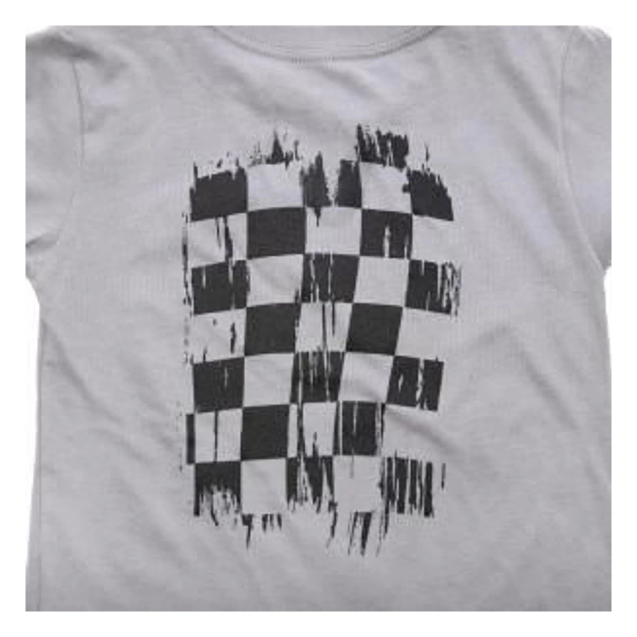 Close-up of Toddler Fray Tee Kids Light Gray Kids Tee showing Checkered flag graphic with distressed fray edges and halftone
