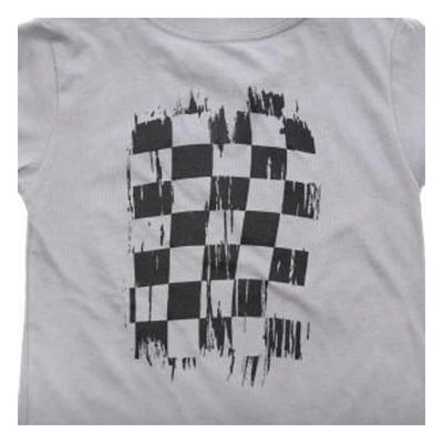 Close-up of Toddler Fray Tee Kids Light Gray Kids Tee showing Checkered flag graphic with distressed fray edges and halftone