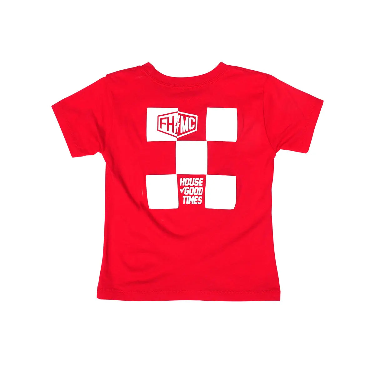 Toddler Gibson Tee Kids front view, Red with white checkerboard graphic, shield logo, and "House of Good Times" text, Red