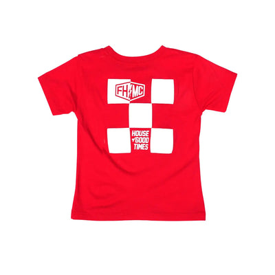 Toddler Gibson Tee Kids front view, Red with white checkerboard graphic, shield logo, and "House of Good Times" text, Red