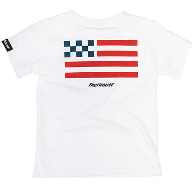 Toddler Liberty Tee White Kids front view, White tee with navy checkerboard and red stripe flag graphic, italic script text