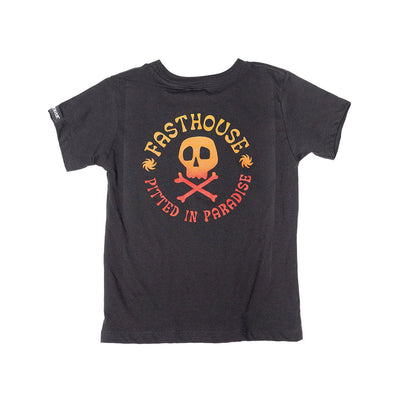 Toddler Lost Boys Tee Kids front view, Black with gold skull and crossbones, orange and red circular text reading