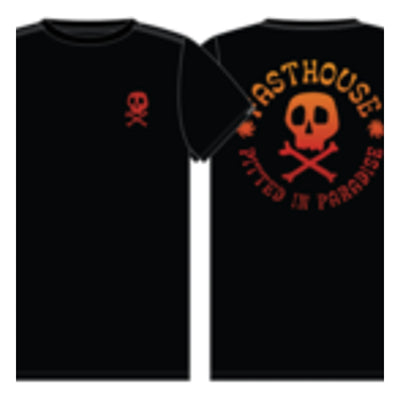 Close-up of Toddler Lost Boys Tee Kids Black Kids Tee showing Small red skull and crossbones emblem centered on chest -