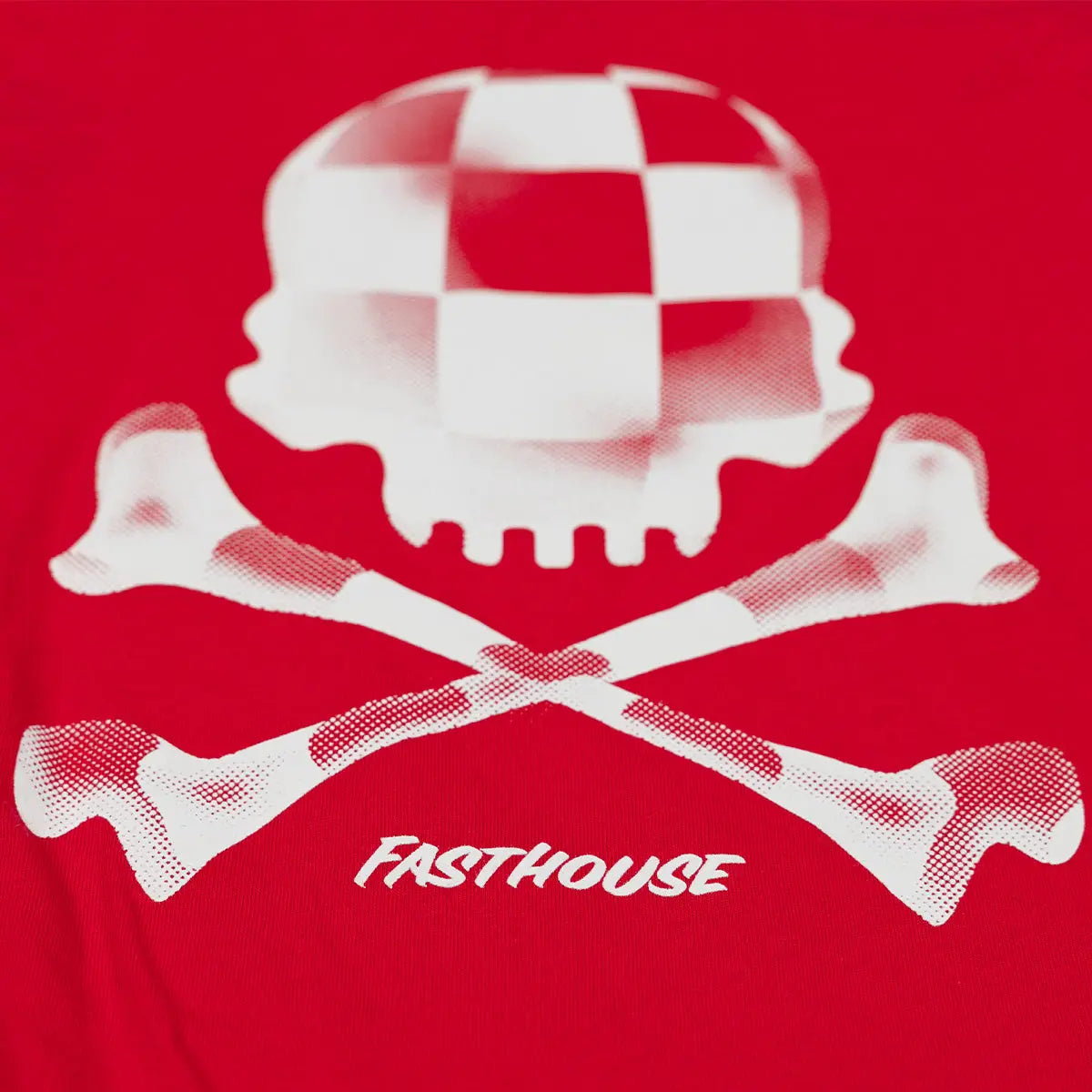 Back of Toddler Render Red Tee, Red with white checkerboard skull and crossbones graphic with halftone texture detail -