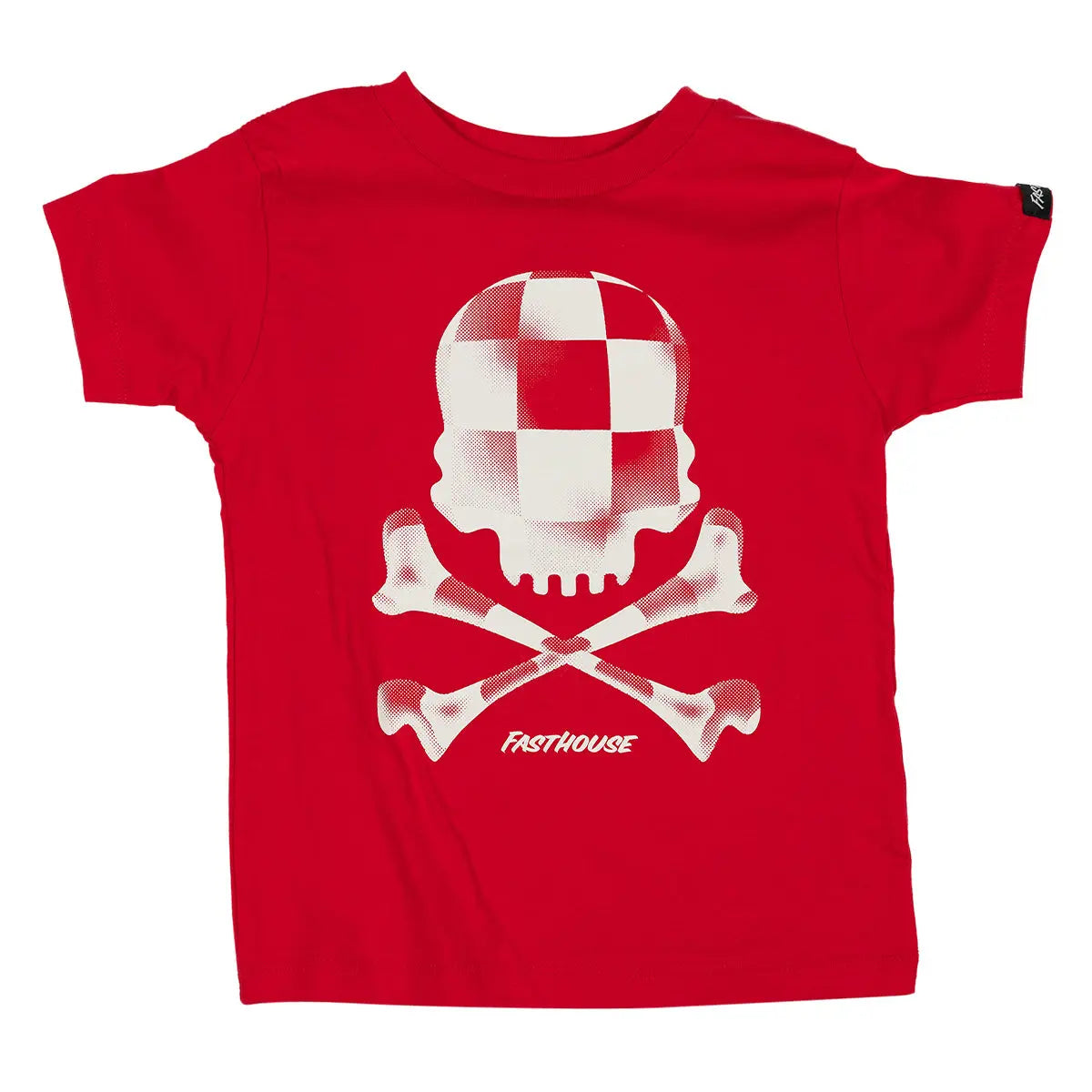 Toddler Render front view, Red with white checkered skull and crossbones graphic, halftone texture throughout design, Red