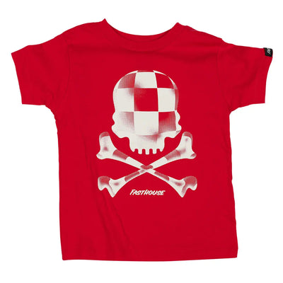 Toddler Render front view, Red with white checkered skull and crossbones graphic, halftone texture throughout design, Red
