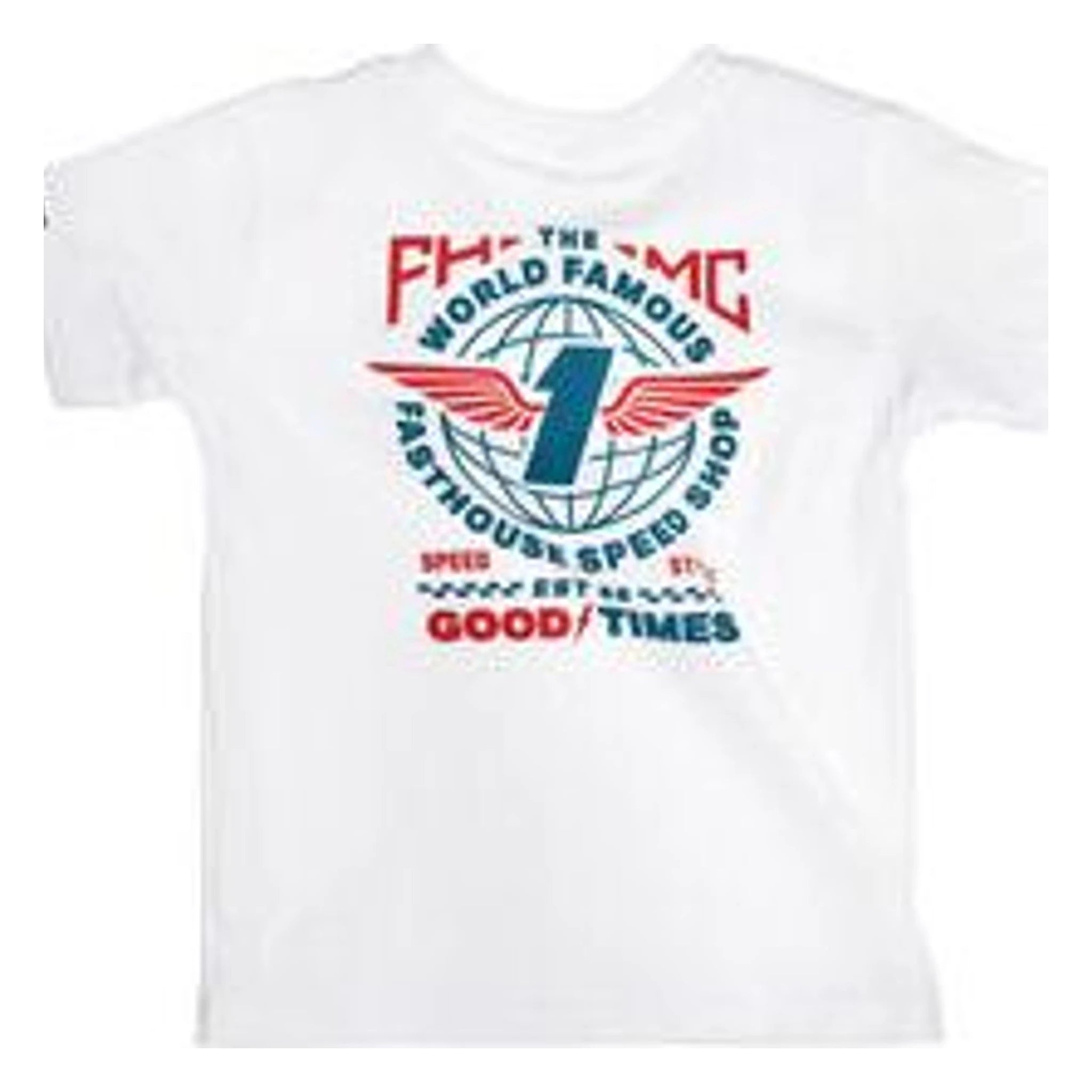Toddler Renown Tee White Kids front view, White with red and blue winged speedway graphic, globe and "World Famous" text in