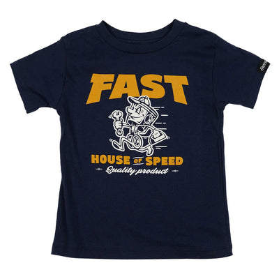 Toddler Runner front view, Navy with gold "FAST" text, white cartoon engine character holding wrench, and gold "HOUSE OF
