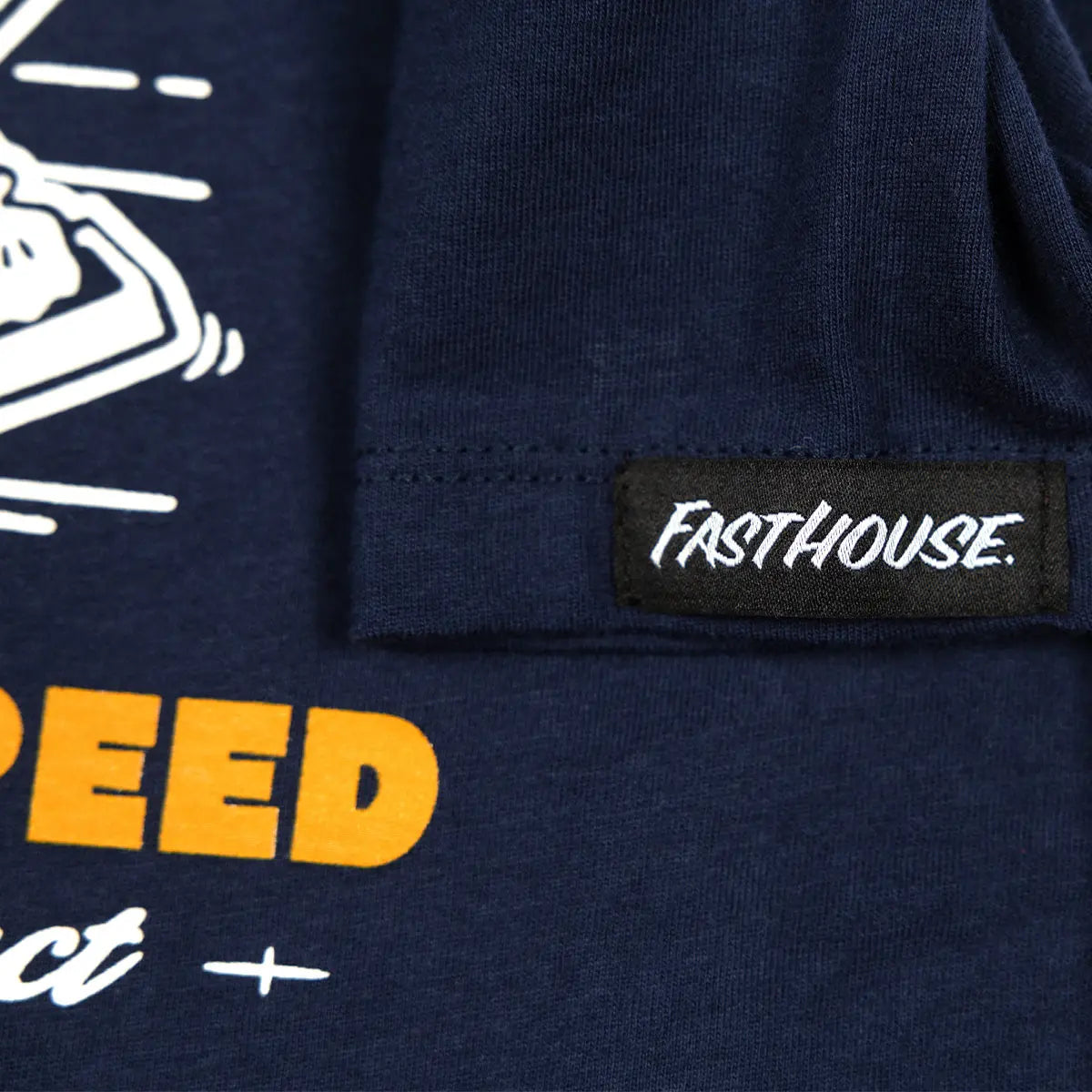 Close-up of Toddler Runner Navy Tee showing Black woven label with white embroidered text on navy sleeve - Slowride Supply