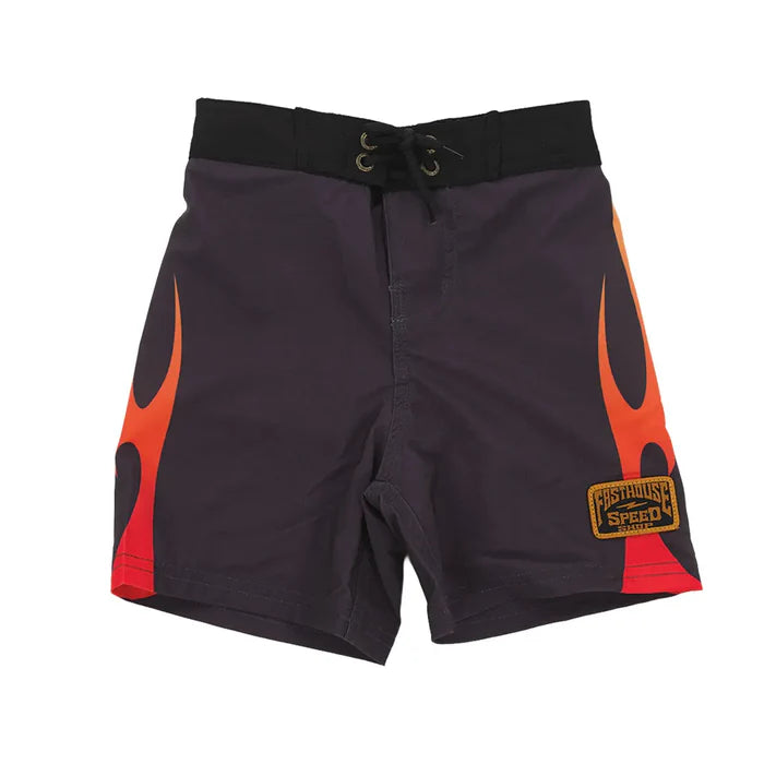 Toddler Scorched Boardshort Apparel front view, Vintage black with red side panels and woven label patch at hip, drawstring