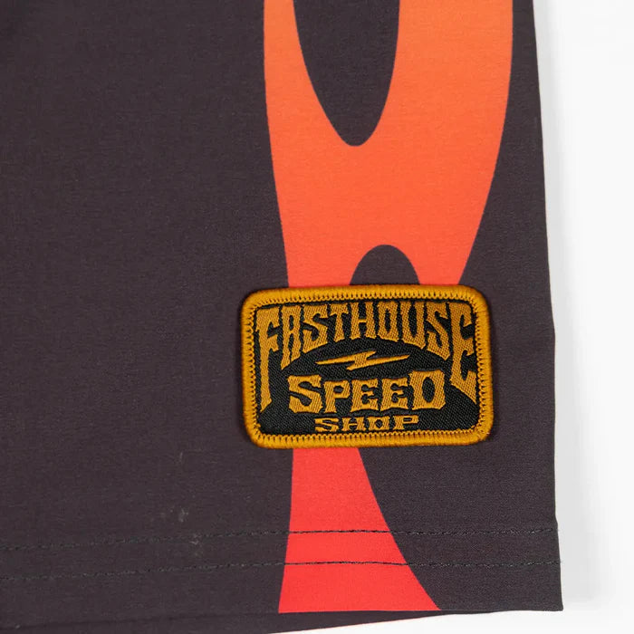 Close-up of Toddler Scorched Boardshort Apparel Vintage Black Apparel showing Embroidered rectangular patch with gold and