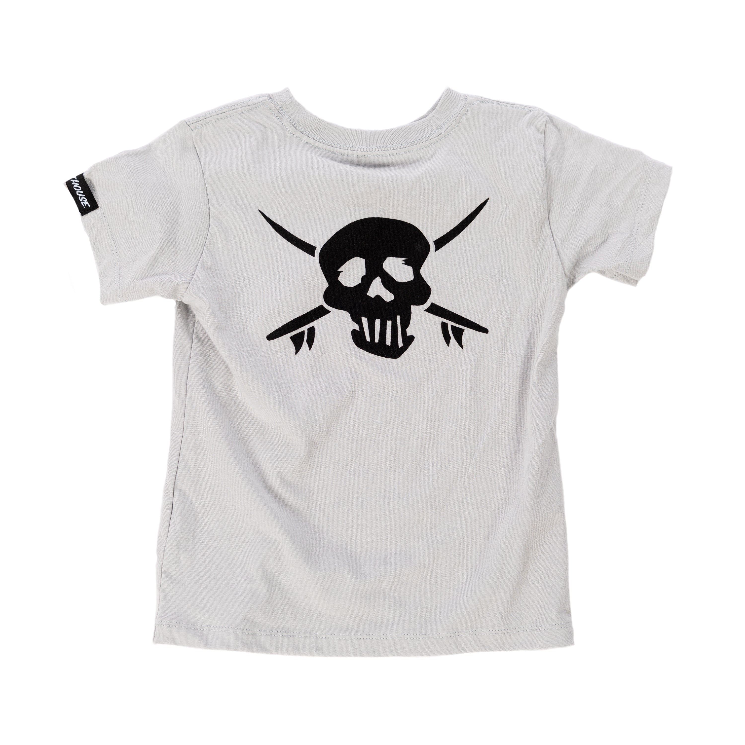 Toddler Spike Tee Kids front view, Light gray with black skull and crossed spikes graphic, Athletic Gray Kids Tee - Slowride