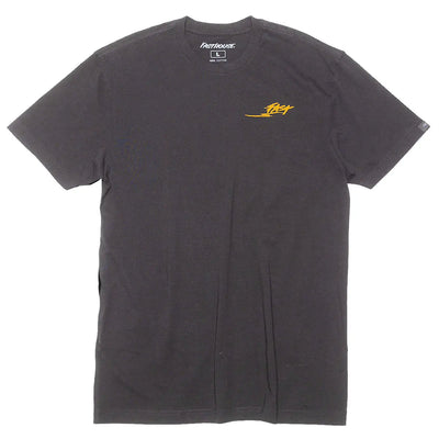Close-up of Tomahawk Natural Tee showing Charcoal cotton tee with small yellow script logo on chest and horizontal line