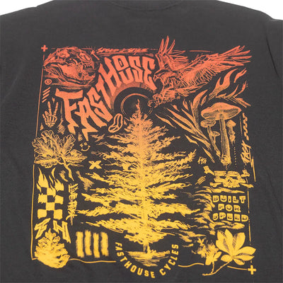 Close-up of Tomahawk Natural Tee showing Orange and yellow gradient print with detailed botanical and wildlife illustration,