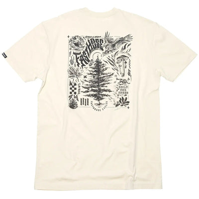 Back of Tomahawk Natural Tee, Black ink graphic with evergreen tree, birds, mushrooms, and text reading "Built for Speed"