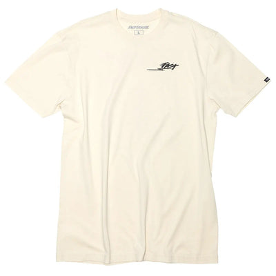Close-up of Tomahawk Natural Tee showing Cream tee with small black script logo on chest and woven brand label at neckline -