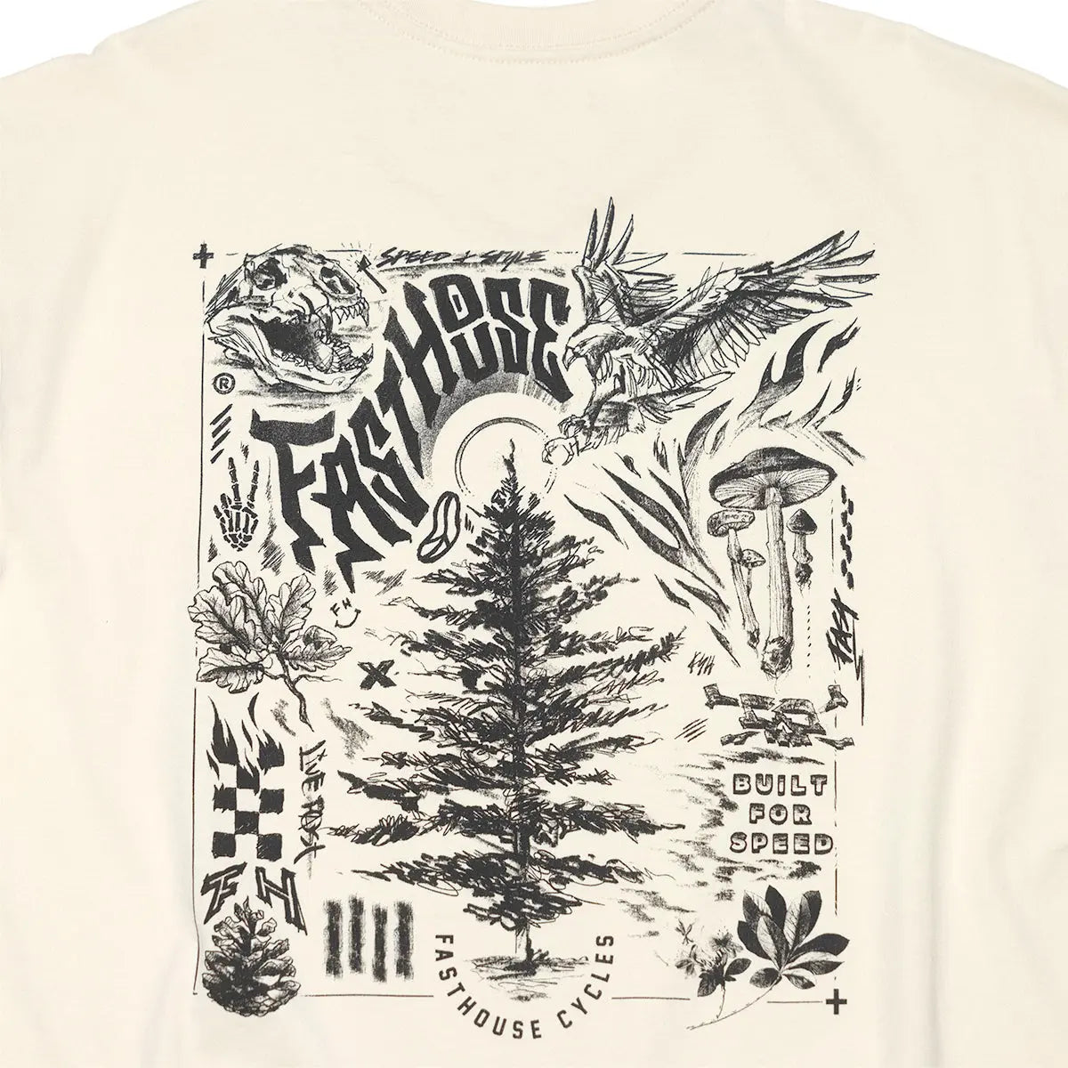 Close-up of Tomahawk Natural Tee showing Cream with black ink sketch graphic featuring dinosaur skull, eagle, pine tree,