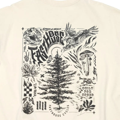 Close-up of Tomahawk Natural Tee showing Cream with black ink sketch graphic featuring dinosaur skull, eagle, pine tree,