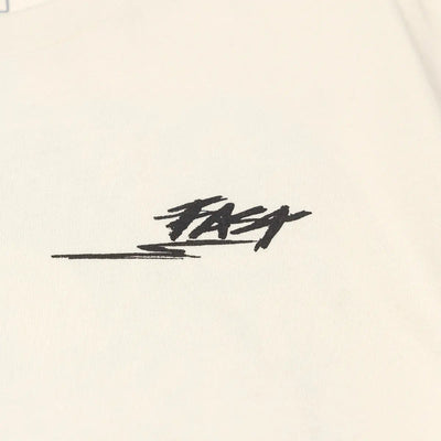 Close-up of Tomahawk Natural Tee showing Black embroidered script signature with horizontal line detail on natural cotton