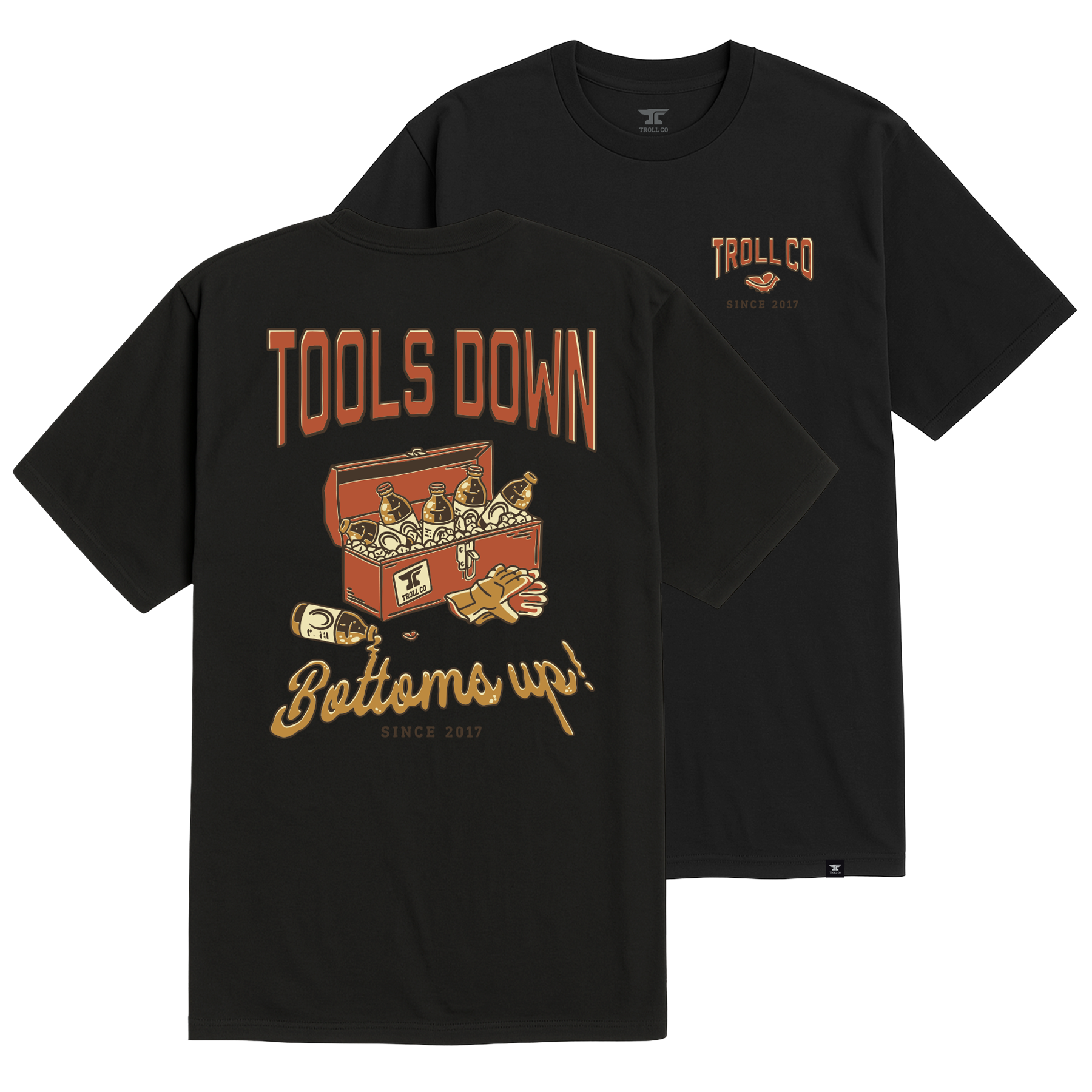 Back of Tools Down Black Tee, Black with orange "Tools Down" text, toolbox graphic with wrenches, and gold script "Bottoms