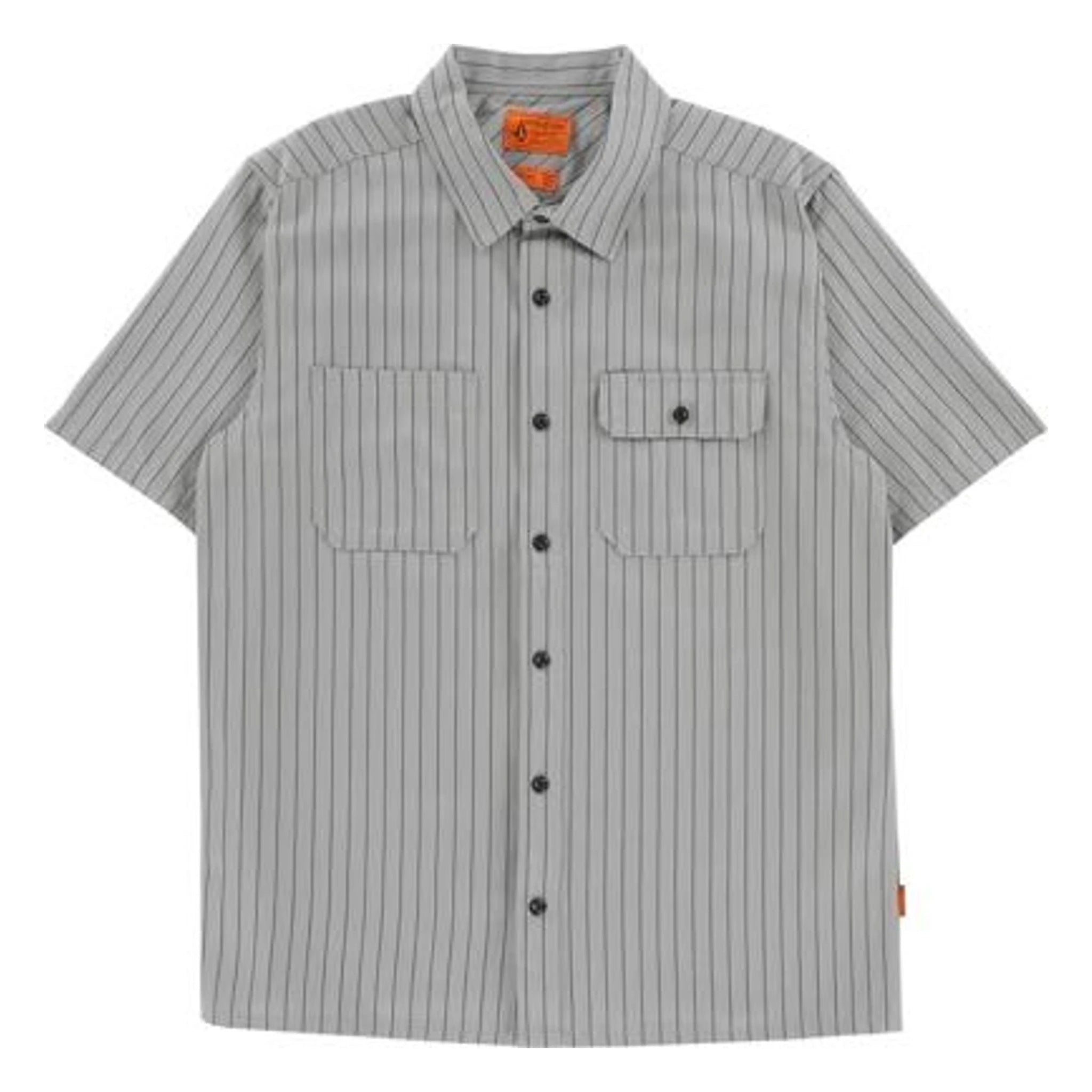 Trade Stone Button Up S/S Woven front view, Tower grey with charcoal pinstripe, black buttons, dual chest pockets, Tower