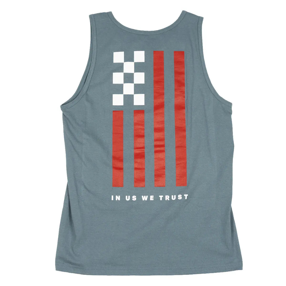 Trust Tank Apparel front view, Slate blue with white checkerboard pattern, red vertical stripes, and white text reading "in