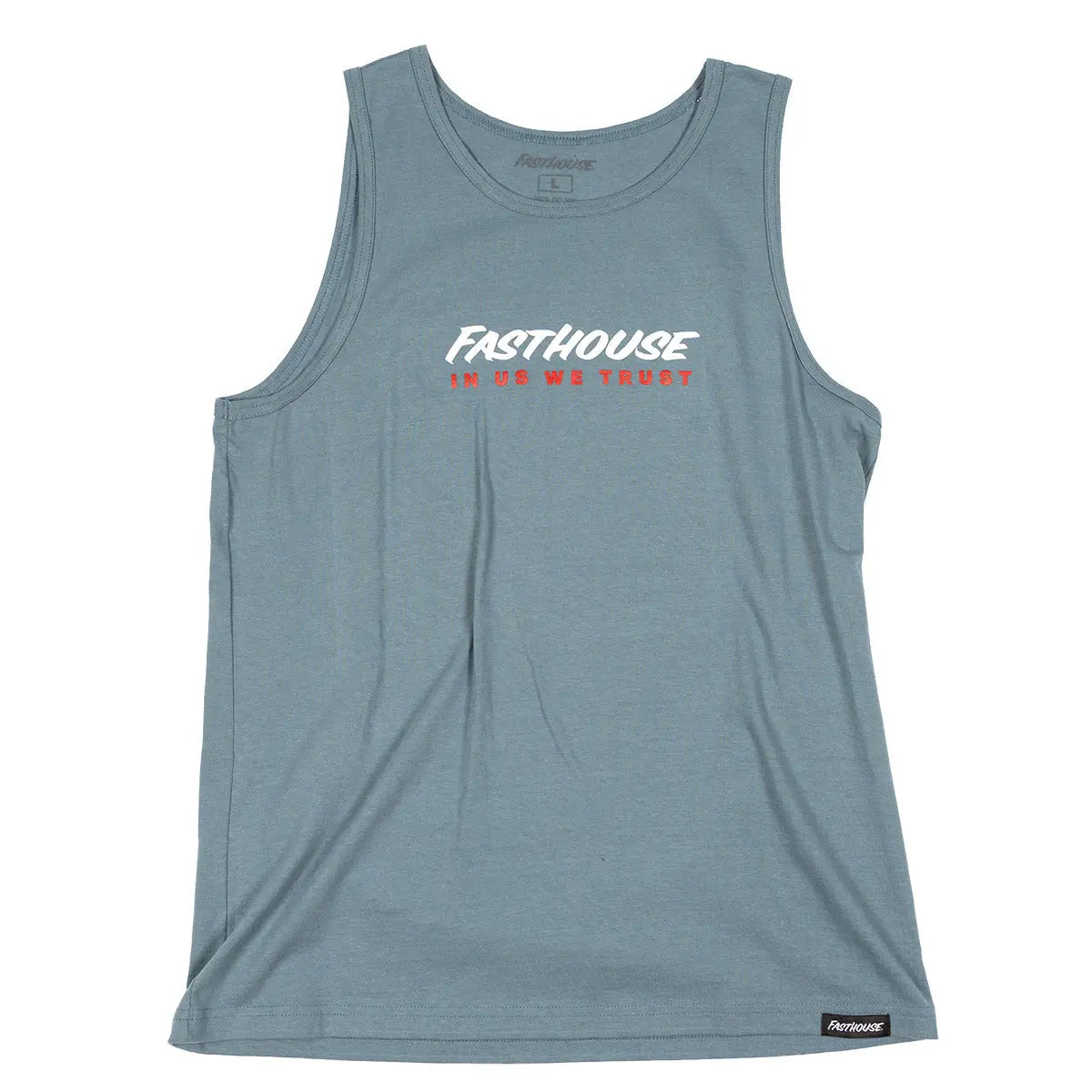 Close-up of Trust Tank Apparel Indigo Apparel showing Slate blue sleeveless tank with white italic logo and red text graphic