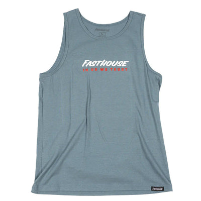Close-up of Trust Tank Apparel Indigo Apparel showing Slate blue sleeveless tank with white italic logo and red text graphic
