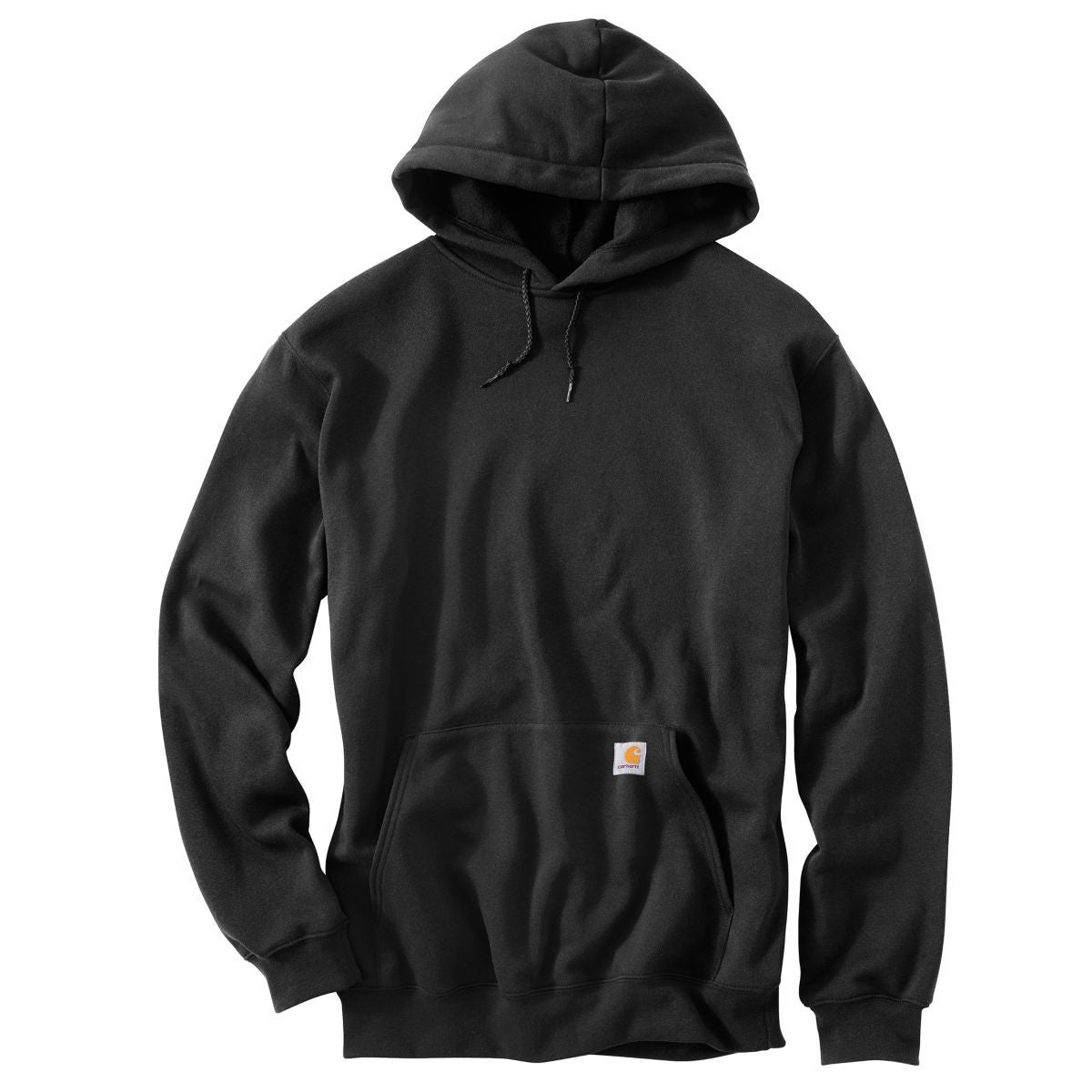 Ts0121 Sweater front view, Black pullover hoodie with small woven label patch at chest pocket, Heather Grey Sweater -