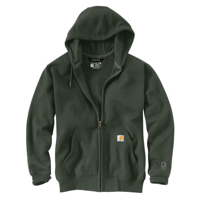 Ts0614 Rain DEF Heavyweight Full Zip Sweater front view, Olive green with full zip front, kangaroo pocket, and small