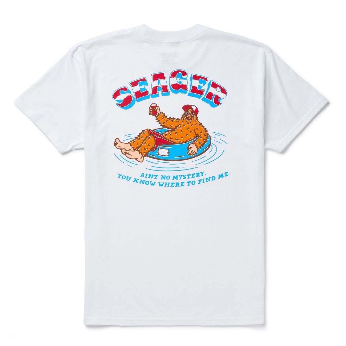 Tubular front view, White with red and blue "Seager" arched text, orange cartoon character in blue pool float, blue tagline