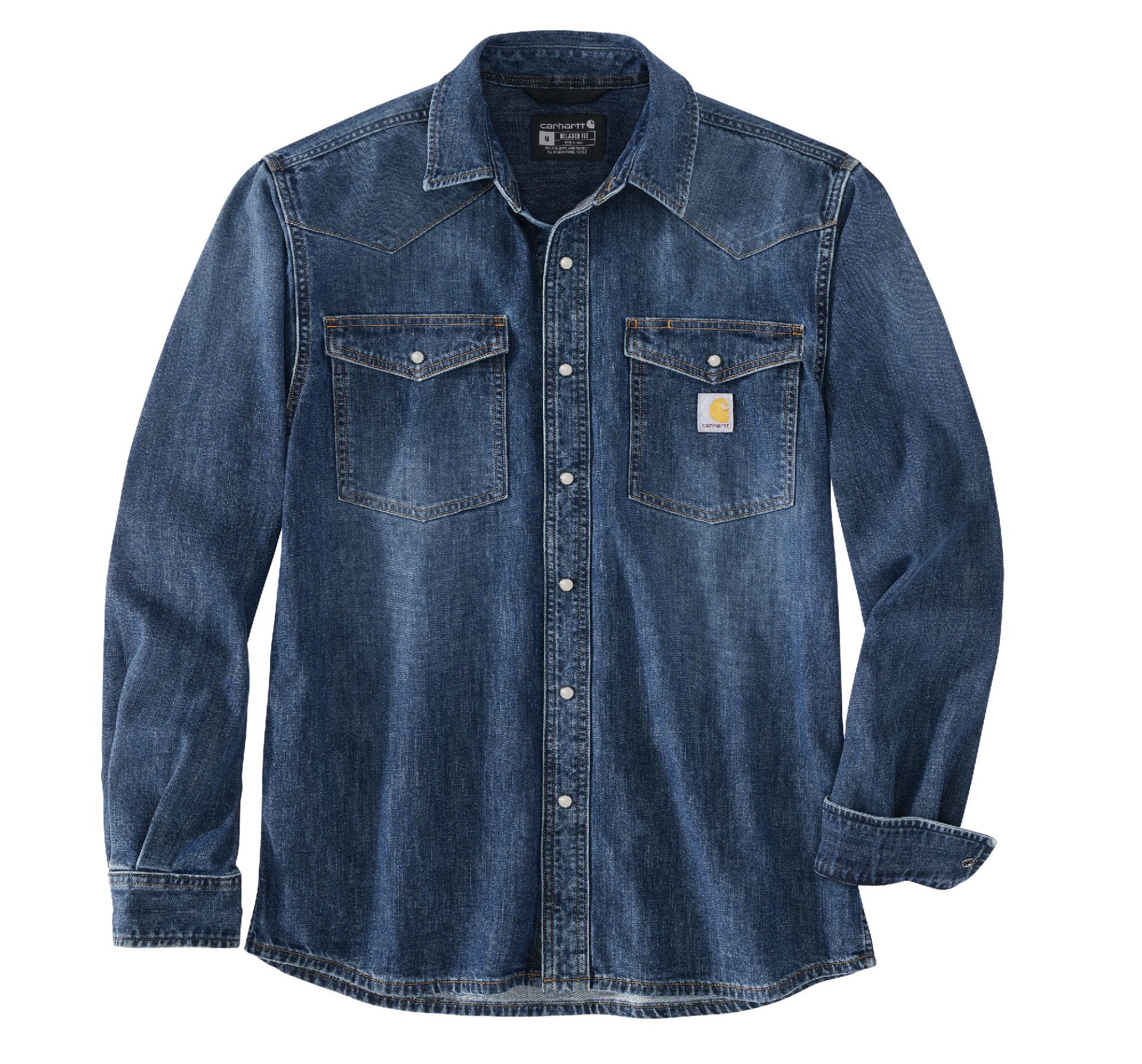 Tw6429 Montana L/s Denim L/S Woven front view, Medium blue denim with pearl snap buttons and dual chest pockets with flap