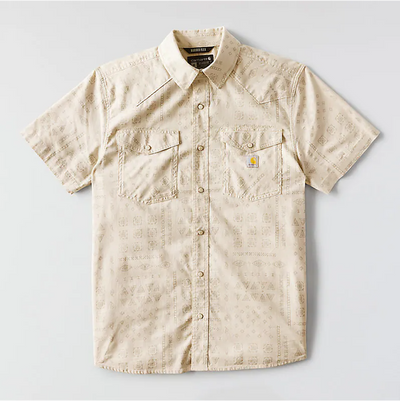 Tw7284 Montana Bozeman SS Plaid Shirt Cobblestone Bandana S/S Woven front view, Cream with subtle geometric jacquard weave