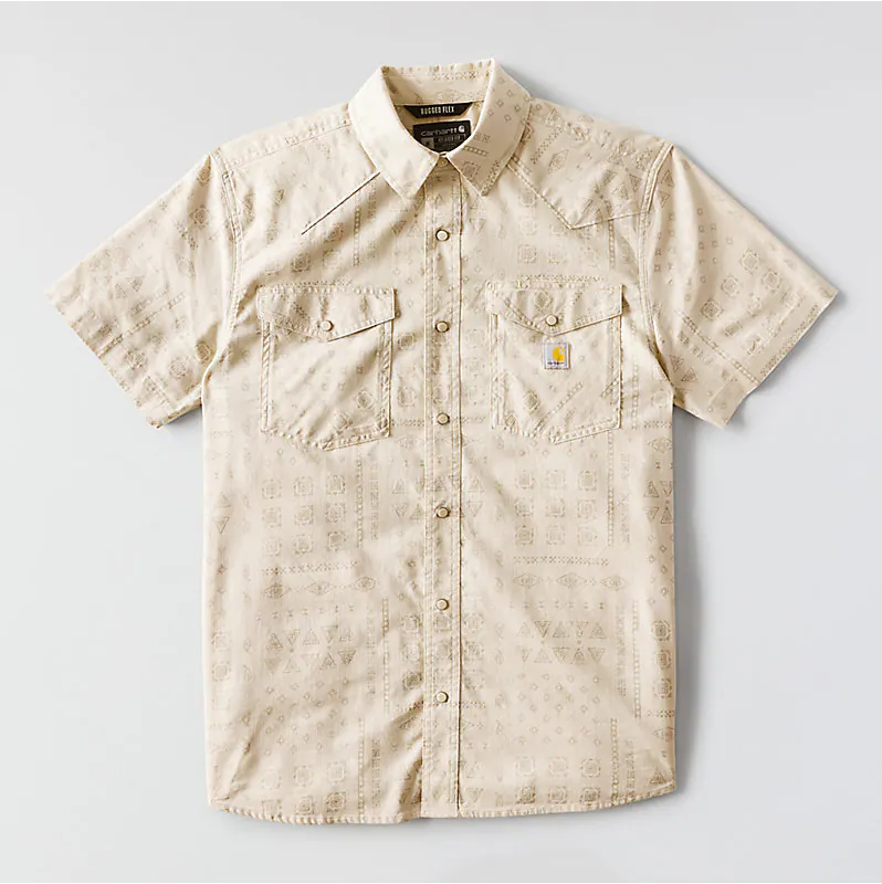 Tw7284 Montana Bozeman SS Plaid Shirt Cobblestone Bandana S/S Woven front view, Cream with subtle geometric jacquard weave